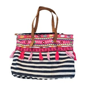 America & Beyond Boho Embroidered Hand Bag Multicolor Tribal Tote